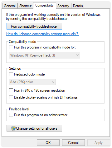 Windows Compatibility Mode Properties