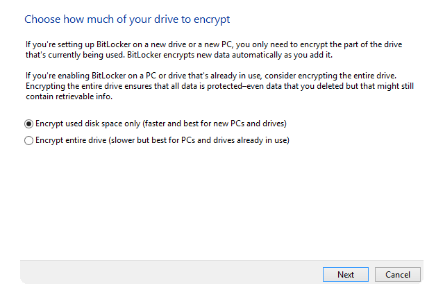 choose drive size to encrypt bitlocker