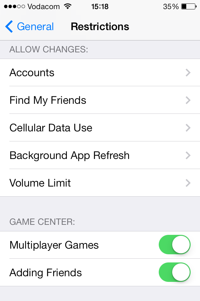 iOS Restrictions Allow Changes